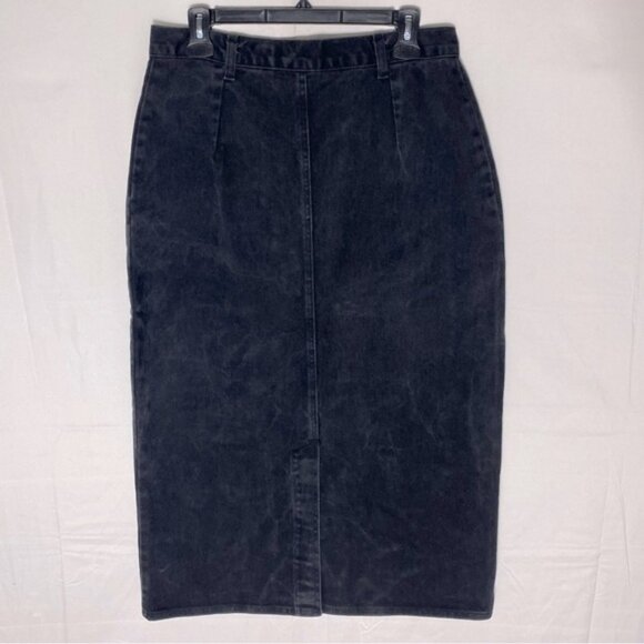 Vintage Leigh Morgan Washed Black Denim Button Front Midi Pencil Skirt L - Picture 2 of 13